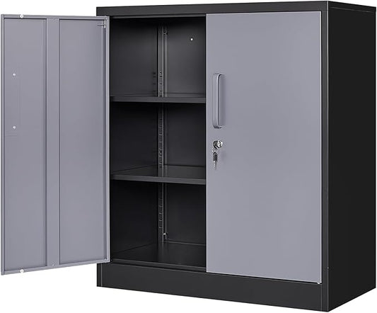 Metal Storage Cabinets with Locking Doors & 2 Adjustable Shelves, Lockable Steel Office Cabinets, Counter Caninet Small Locking Cabnet Locked Tool Cabnets for Home, Office, Garage, Hallway
