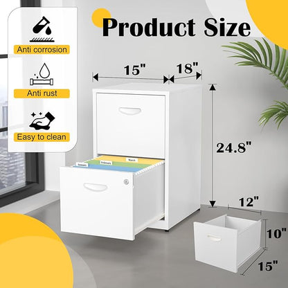 2 Drawer File Cabinet with Lock,White Metal Office Drawers Filing Cabinets for Home Office, Two Drawer Under Desk File Cabinet for Hanging Letter,Easy Assemble