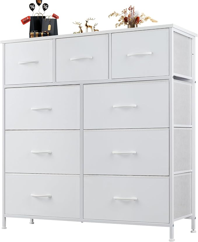 Sweetcrispy 9 Drawer Fabric Dresser Tall Chest Storage Organizer Tower with Cabinet Metal Frame and Wood Top Lightweight Closet Furniture for Bedroom,Cream White