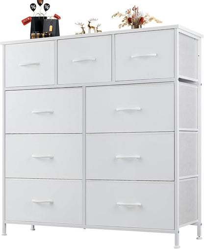 Sweetcrispy 9 Drawer Fabric Dresser Tall Chest Storage Organizer Tower with Cabinet Metal Frame and Wood Top Lightweight Closet Furniture for Bedroom,Cream White