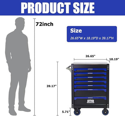 30 inch 7-Drawer Rolling Tool Chest with Wheels,Stainless Steel Countertop Heavy Duty Tool Cart,Locking System, Rolling Cabinet for Garage Warehouses,Repair Shops,Requires Assembly (Black&Blue)