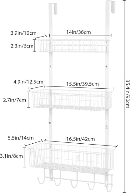 YBING Over The Door Organizer with Hooks Door Hanger Towel Rack with 3 Mesh Baskets Back of Door Hanging Shelf Organizer Behind Door Pantry Organizer for Bathroom Bedroom White
