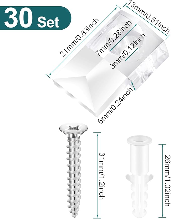 Mirror Holder Clips - 30 Sets of Mirror Mounting Hardware with Screw for Fixing Mirror Cabinet Box Door, Clear Plastic Mirror Hanging Hardware