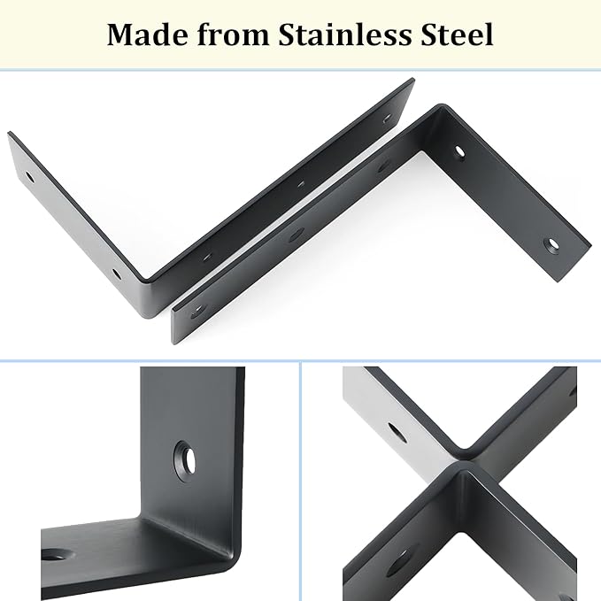 Alise Floating Shelf Brackets Heavy Duty L-Shaped Wall Brackets - Black Angle Corner Braces for Shelves, Stainless Steel Reinforced Shelf Support Bracket for Wooden Boards 7x4 Inch,Pack of 4