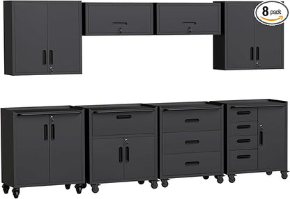 Black Garage Storage Cabinets System 8PCS Workshop Set with Drawers Locking Heavy Duty Rolling Cart with Adjustable Shelves Garage Tool Workbench Cabinets