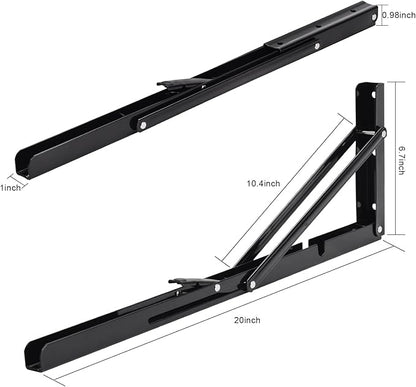 YUMORE Folding Shelf Brackets, 20 Inch Heavy Duty L Bracket, Black DIY Collapsible Shelf Bracket for Workbench Folding Table Hinge, Max Load: 330lb, Pack of 2