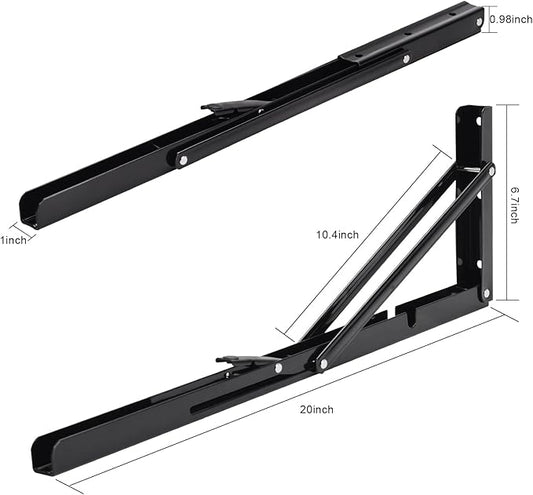 YUMORE Folding Shelf Brackets, 20 Inch Heavy Duty L Bracket, Black DIY Collapsible Shelf Bracket for Workbench Folding Table Hinge, Max Load: 330lb, Pack of 2