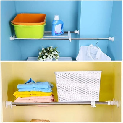 BAOYOUNI Tension Rod Shelf Expandable Closet Organizer Heavy Duty Adjustable Clothes Hanger Rack DIY Space Saver Layered Separator Divider 27.17''-36.02'', Ivory