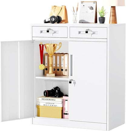Bonusall Garage Storage Cabinet with 2 Drawers,42" Metal Office Cabinets with Doors and Shelves,Steel Pantry Cabinet for Home Office,School,Warehouse(White)
