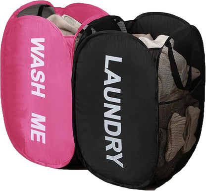 2 Pack Mesh Pop Up Laundry Hamper Collapsible Laundry Basket with Side Pocket, Strong Handles, Storage Organizer for Bedroom, Nursery Room, College Dorms (Black+Pink)