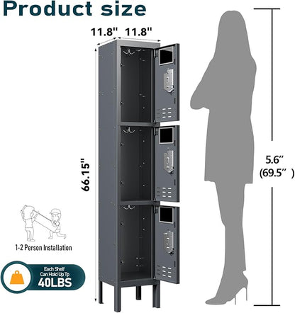 Metal Storage Locker with Lock & Card Slot Locker - Secure Lockable Door - Steel Locker for School, Office, Gym, Home - 66.15" H x 11.8" W x 11.8" D（3 Door, Grey）