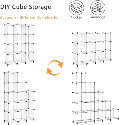 AWTATOS Cube Storage Organizer Storage 12 Cube Bookshelf DIY Plastic Closet Storage Shelves with Wooden Mallet, Ideal Storage Solution for Home, Bedroom, Translucent White