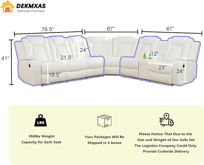 Breathing Leather Power Recliner Sectional Sofa Couch with LED Light, Living Room Furniture Sets,Creamy White Power Reclining Sectional Sofa Set with Storage Console/Cup Holder for Living Room