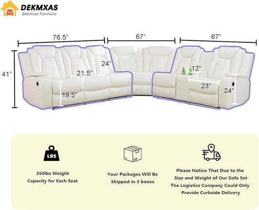 Breathing Leather Power Recliner Sectional Sofa Couch with LED Light, Living Room Furniture Sets,Creamy White Power Reclining Sectional Sofa Set with Storage Console/Cup Holder for Living Room