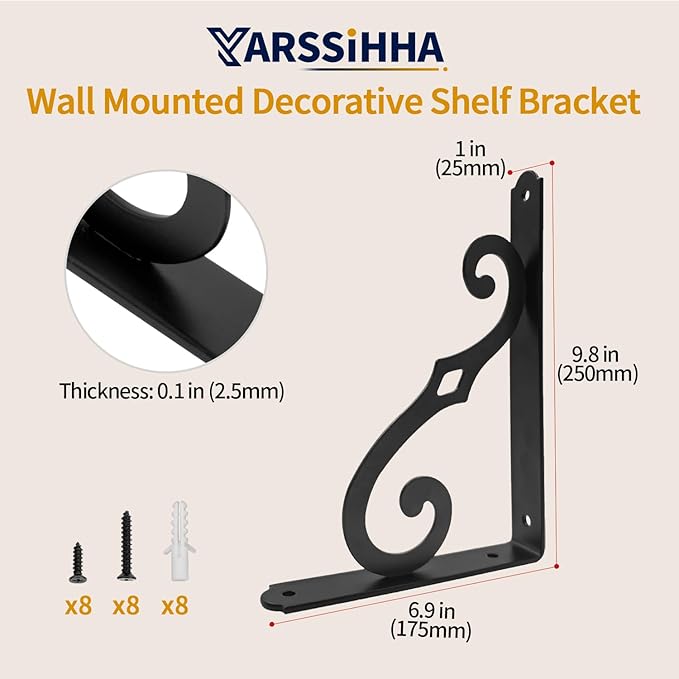 Yarssihha 10 Inch Decorative Shelf Brackets, 4 Pack Wall Mounted Metal Shelving Brackets, Heavy Duty Shelf Supports, Rustic L Shape Brackets for Floating Shelves DIY Home Kitchen, with Screws