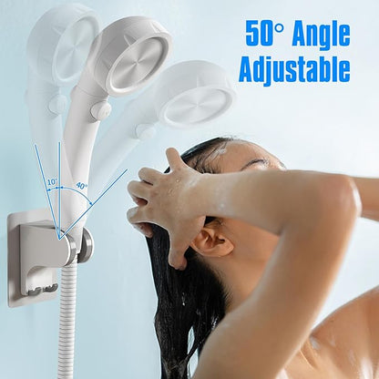 JONKEAN Shower Head Holder Without Drilling, 3m Handheld Shower Head Holder Adhesive, 50°Adjustable Shower Wand Holder Wall Mount, Shower Head Bracket with Hook (White, 1 Pack)