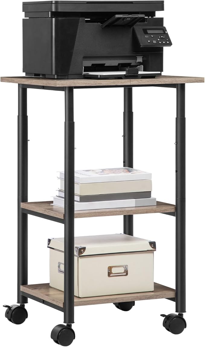 HOOBRO Printer Stand, 3-Tier Industrial Under Desk Printer Cart with Shelf, Mobile Heavy Duty Storage Rack on Wheels for Home, Office, Grey and Black BG03PS01G1