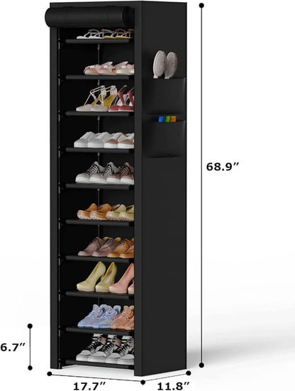 VTRIN Vertical Narrow Shoe Rack Organizer 10 Tier Tall Shoe Shelf Holds 20-22 Pairs with Non-Woven Dustproof Cover for Closet, Entryway Black