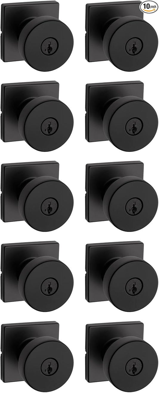 Kwikset Pismo Entry Door Knob with Lock and Key, Secure Keyed Handle Exterior, Front Entrance and Bedroom, Matte Black, 10 Pack, Pick Resistant SmartKey Rekey Security and Microban