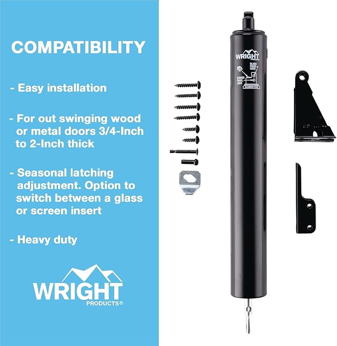 Wright Products Heavy-Duty Pneumatic Storm Door Closer – Durable, Adjustable, Quiet-Closing with Hold-Open Feature (Transitional, Black)