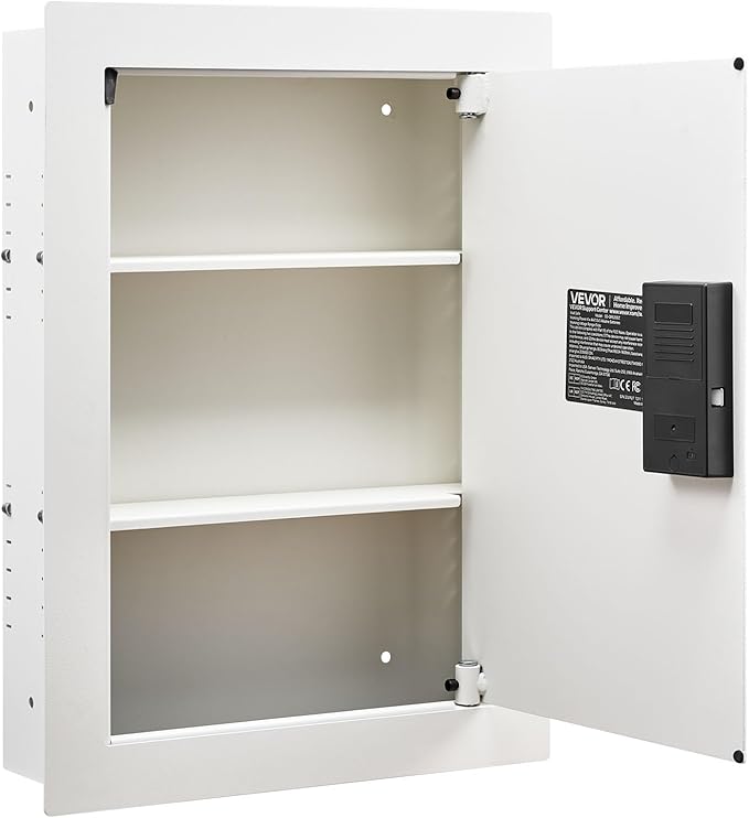 VEVOR 22" High Wall Safe, 3-Tier Hidden Wall Safe with Password, Key & Turning Knob, Q235 Cold-Rolled Steel In-Wall Box with Adjustable Shelves & Mounting Holes for Money, Jewelry, Passport, White
