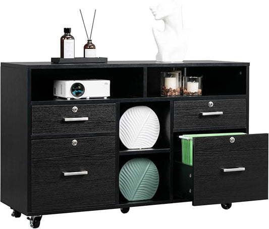 VINGLI Wood Mobile File Cabinet with 4 Drawers and Shelves, Printer Stand with Open Storage, Locking Lateral Filing Cabinet for Home Office, Black