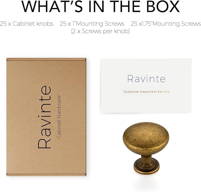 Ravinte 25 Pack Antique Brass Round Zinc Cabinet Knobs for Kitchen Bathroom Closet Dresser Cabinets