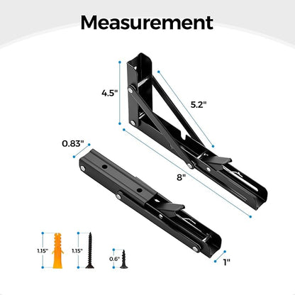 Home Expert 8 Inch Folding Shelf Brackets, 6 Pack (3 Pairs) Heavy Duty Metal Collapsible Wall-Mounted Brackets, Space-Saving DIY Foldable Shelf for Benches and Tables, Matte Black