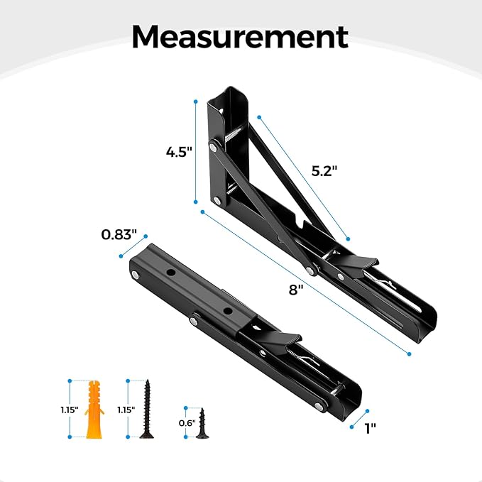 Home Expert 8 Inch Folding Shelf Brackets, 2 Pack (1 Pairs) Heavy Duty Metal Collapsible Wall-Mounted Brackets, Space-Saving DIY Foldable Shelf for Benches and Tables, Matte Black