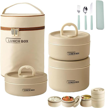 Portable Insulated Lunch Container Set, 4 Tier Separate Stackable Stainless Steel Lunch Container with Insulated Lunchs Bag, Bento Box Hot Food Lunch Containers to Microwave (Brown, 3-Tier)