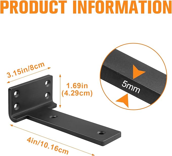Floating Shelf Brackets 4 inch 4 Pack L Brackets for Shelves Black Metal Heavy Duty Shelf Bracket for DIY Decorative with Mounting Hardware