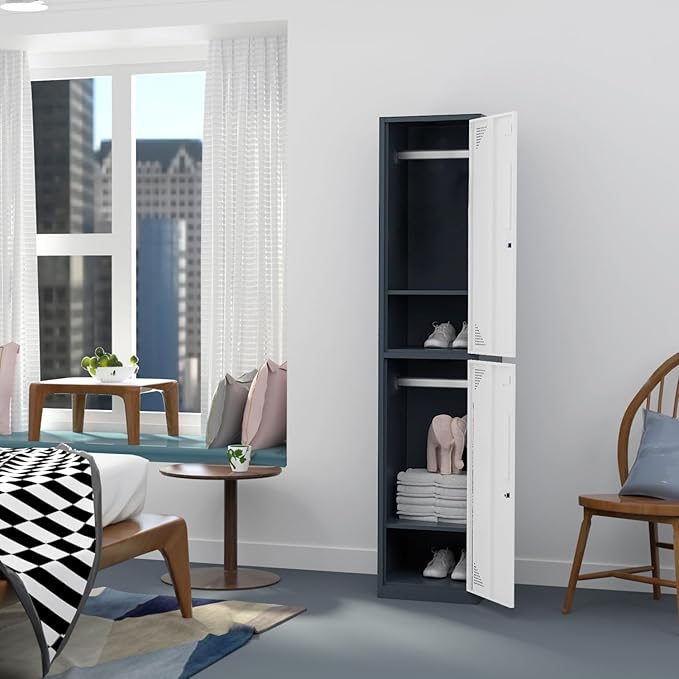 Metal Locker for Home, Dressing Room, 71" Steel Storage Lockers for Employees, Lockable Locker Cabinet with 2 Doors (Grey White)
