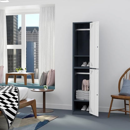 Metal Locker for Home, Dressing Room, 71" Steel Storage Lockers for Employees, Lockable Locker Cabinet with 2 Doors (Grey White)