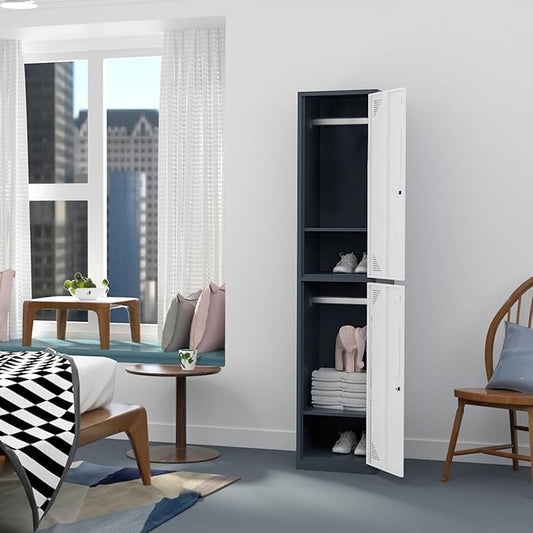 Metal Locker for Home, Dressing Room, 71" Steel Storage Lockers for Employees, Lockable Locker Cabinet with 2 Doors (Grey White)