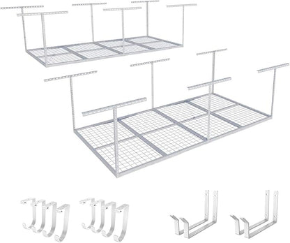 FLEXIMOUNTS 2-Piece Overhead Garage Storage Rack Set w/Hooks Adjustable Ceiling Storage Rack, 96" Length x 48" Width x 40" Height, 2 pcs, White, Classic Series