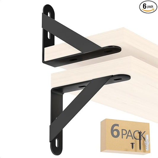 4x3 Shelf Brackets 6-Pack, Shelf Support Shelf Holder Steel Wall Mount Heavy Duty Small L Shape Triangle 90 Degree Metal Black with Screws Anchors Soporte de Estante