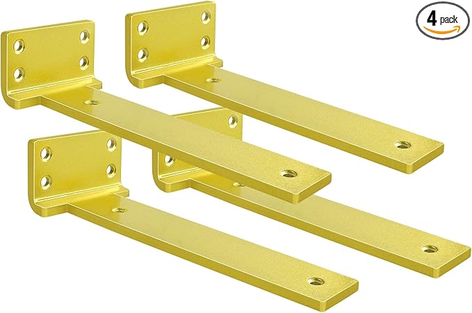 Floating Shelf Brackets 6 inch 4 Pack L Brackets for Shelves Gold Metal Heavy Duty Shelf Bracket for DIY Decorative with Mounting Hardware