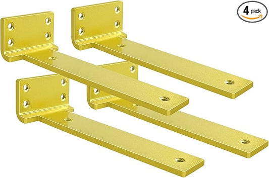 Floating Shelf Brackets 6 inch 4 Pack L Brackets for Shelves Gold Metal Heavy Duty Shelf Bracket for DIY Decorative with Mounting Hardware