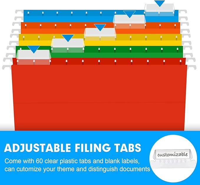 Extra Capacity Hanging File Folders, RAZCC 60 Pack Letter Size Reinforced Hanging Folders with Heavy Duty 3 Inch Expansion for Bulky Files, Filing Cabinet, Adjustable Tabs, Assorted Colors