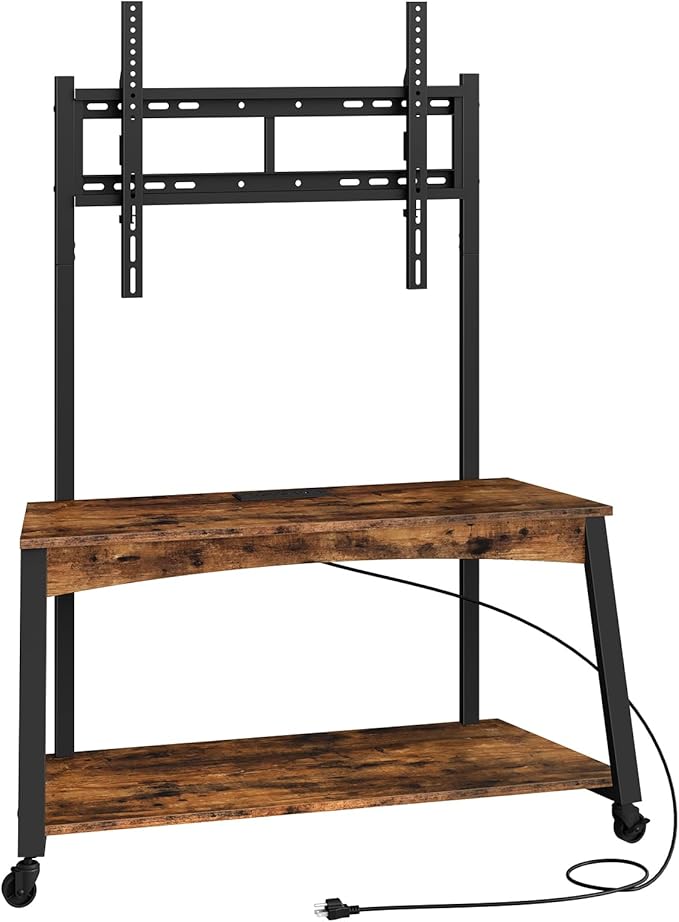 Mobile TV Stand with Charging Station and Adjustable Mount, 2-Tier Rolling TV Console Table for TVs up to 70 inch, for Living Room, Bedroom, Rustic Brown and Black TDS10UBF