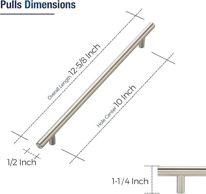 JOY DECOR 45 Pack Cabinet Handles, Brushed Nickel Cabinet Pulls, 10 in Hole Center Kitchen Cabinet Handles, Stainless Steel T Bar Handles for Dresser Drawers