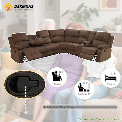 Corduroy Living Room Sofa Sets, Brown Recliner Sofa Set with Drop-Down Table, Reclining Sectional Sofa Couch with Cup Holders and Storage Console, for Living Room, Bedroom, Apartment, Office