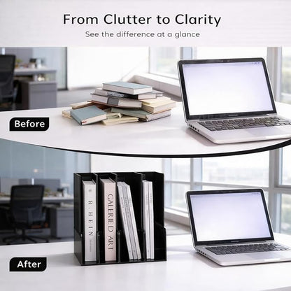 Vertical Magazine File Holder, Desk Organizer and Storage for Magazines, Binders, Notebooks, Envelopes, Multi-Purpose Desktop File Organizer for Home, Office & Classroom, 4 Pack, Black