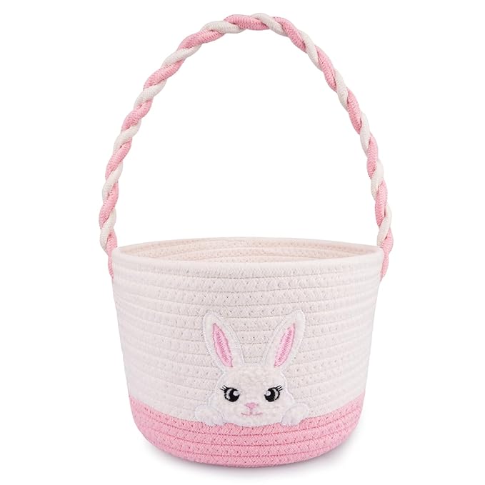 Easter Baskets for Girls, Pink Big Eyes Bunny Gift Basket Empty with Handle Woven Cotton Rope Egg Hunt Bag for Kids Babies Toddler Teens