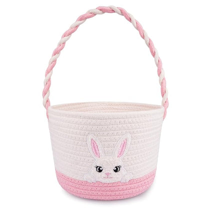 Easter Baskets for Girls, Pink Big Eyes Bunny Gift Basket Empty with Handle Woven Cotton Rope Egg Hunt Bag for Kids Babies Toddler Teens