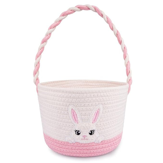 Easter Baskets for Girls, Pink Big Eyes Bunny Gift Basket Empty with Handle Woven Cotton Rope Egg Hunt Bag for Kids Babies Toddler Teens