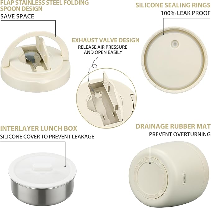 Thermo Food Jar for Hot Food Adults 32OZ Soup Thermo Lunch Containers Wide Mouth Vacuum Insulated Stainless Steel Leakproof Bento Box with Spoon (Beige)