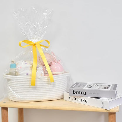 ABenkle Small Basket Empty Gift Basket, Decorative Boho Rope Woven Nursery Storage Organizer Dog Toy Baskets for Baby Showers Christmas Easter with Gift Bags and Ribbons, 12"X 8" X 5"