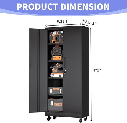 Metal Garage Storage Cabinet on Wheels, 71" Tall Lockable Rolling Tool Cabinet with Doors and 4 Adjustable Shelves, Heavy Duty Mobile Tool Cabinets for Garage Warehouse Workshop