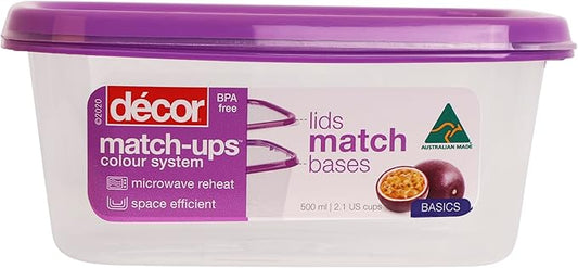 Décor Match-ups Basics Oblong | Food Storage Pantry Container | Ideal for Meal Prep | BPA Free | Dishwasher, Freezer & Microwave Safe, Clear/Purple, 500ml